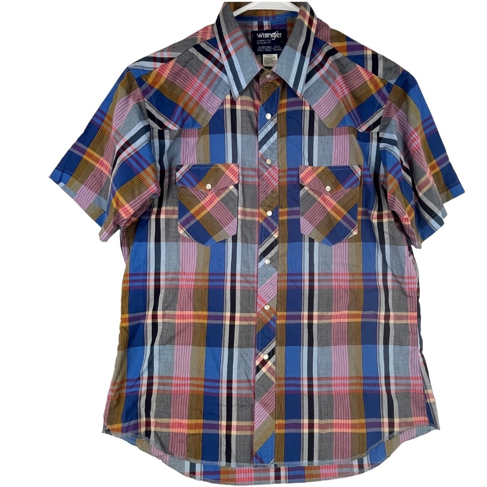 Wrangler Western Shirt Mens L (16.5) Cowboy Cut Plaid Pearl Snap Short Sleeve